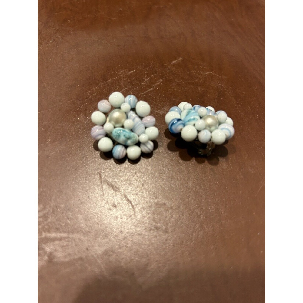 Vintage Clip Earrings Blue & White Beaded‎ Round Large Japan